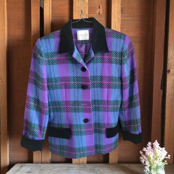 DANCASTER Vintage Purple Plaid Wool Blazer Black Velvet Collar & Cuffs- 10P - Picture 1 of 9